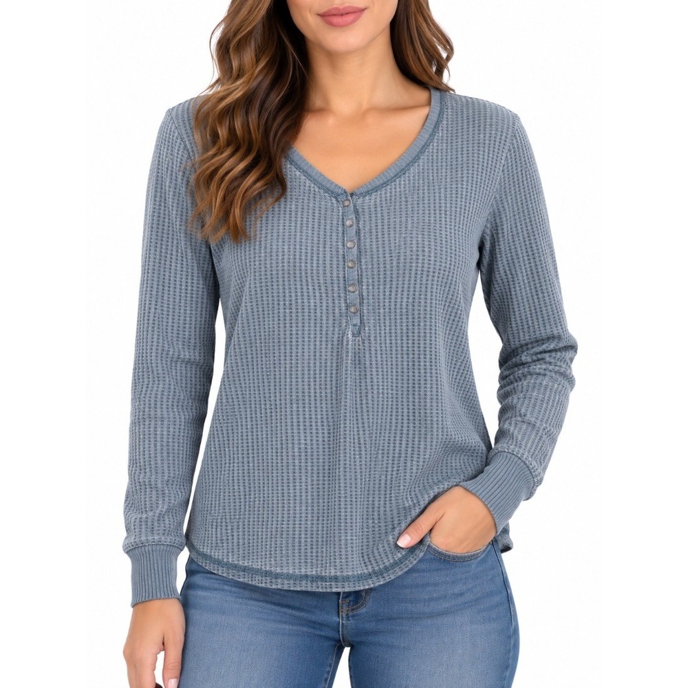 Seven7 Womens Blue Waffle Knit Henley Thermal Long Sleeve Top Shirt Size M
